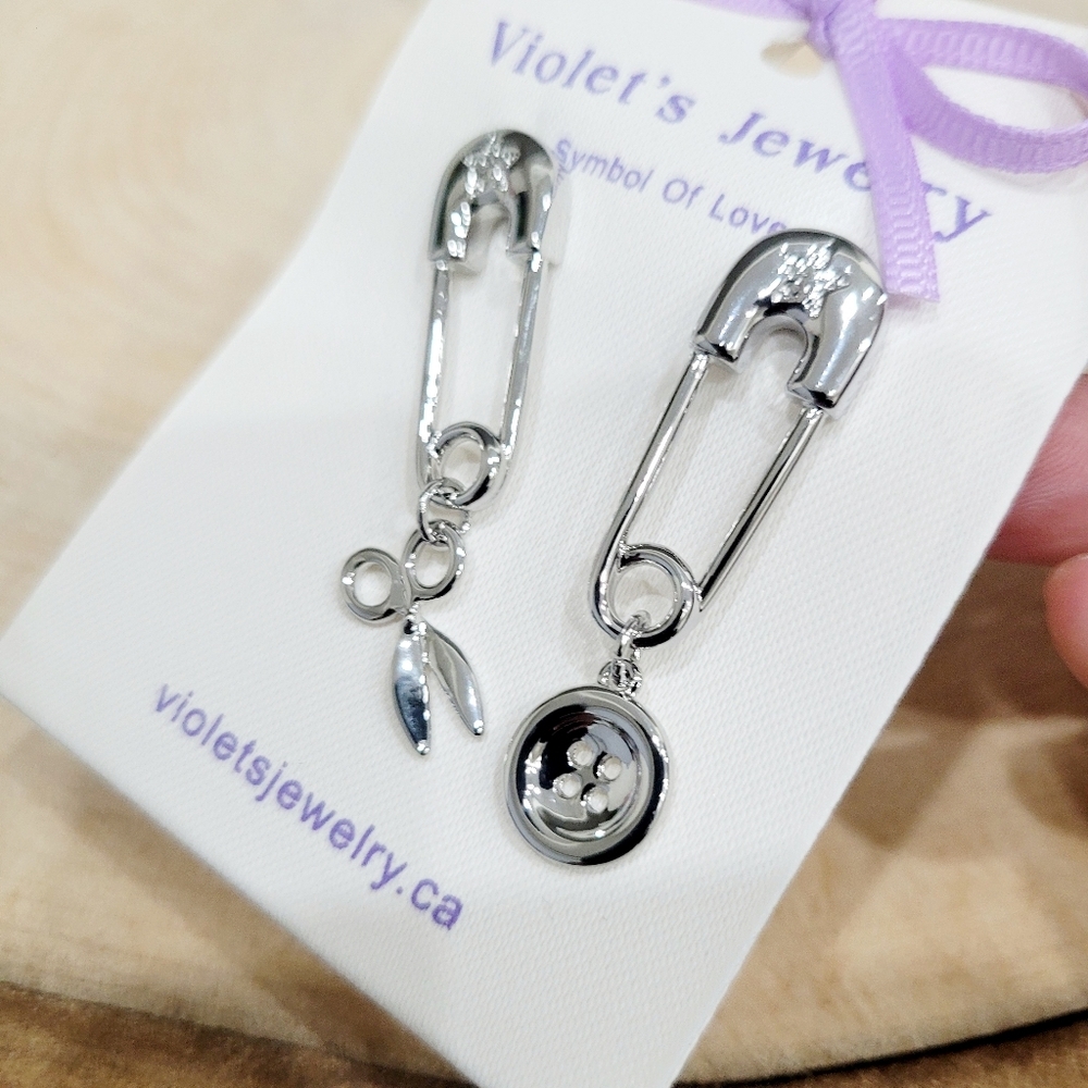Brand New Silver Tone Safety Pin Style Earrings - Picture 6 of 7